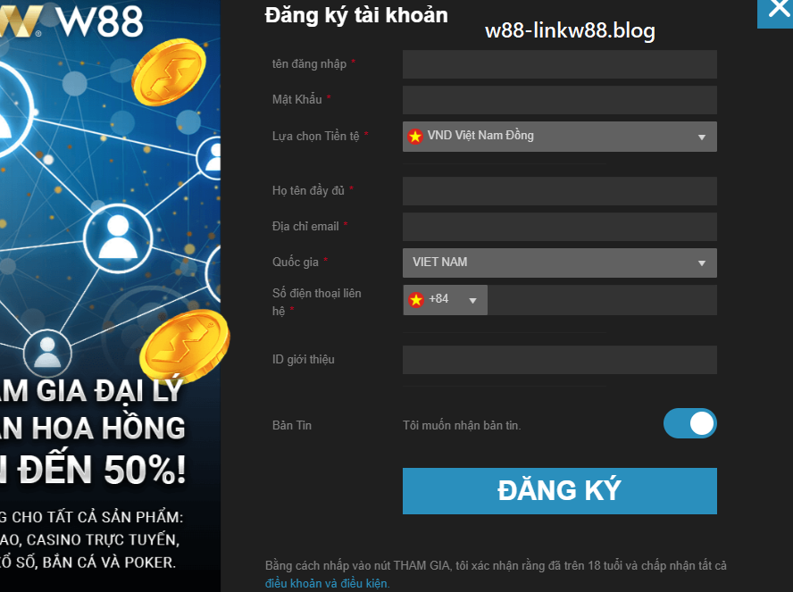 Thông tin đăng ký đại lý W88 Thông tin đăng ký đại lý W88